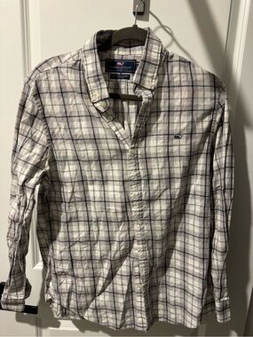 Vineyard Vines White Plaid Button-Down Shirt with Navy Checks